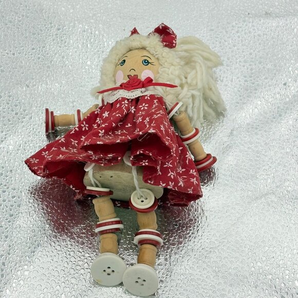 VTG Handcrafted Wooden Rag Doll With Red Floral Dress & Yarn Hair Button Legs 7" - Picture 11 of 11
